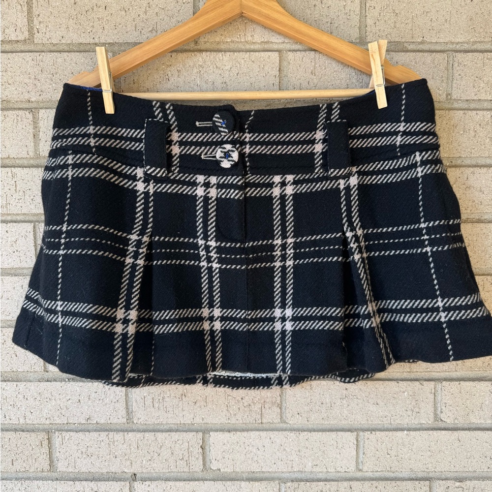 Vintage Y2K American Eagle Black Cream Plaid Wool Blend Mini Micro Skirt Sz 8